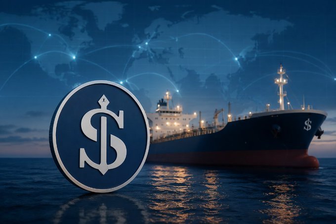 A cargo ship on the ocean at dusk with a large dollar sign coin icon overlaid and network connection lines spanning a world map in the background.