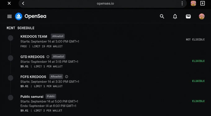 A screenshot of an OpenSea NFT mint schedule showing listings for 'KREDOOS TEAM', 'GTD KREDOOS', 'FCFS KREDOOS', and 'Public samurai' with their start times, eligibility status, and prices.