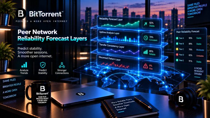 A BitTorrent promotional graphic titled 'Peer Network Reliability Forecast Layers' features layered holographic charts predicting stability (92%), uptime (78%), transfer consistency (85%), and disconnect patterns (8% risk) against a city skyline backdrop.