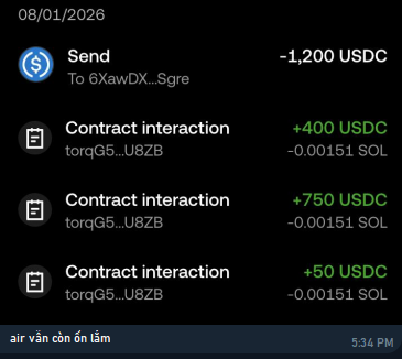 A mobile wallet screenshot dated 08/01/2026 shows a series of crypto transactions, including a -1,200 USDC send and three contract interactions with torqG5...U8ZB returning +400, +750, and +50 USDC (each at -0.00151 SOL fees), with a Vietnamese text bubble reading "air vẫn còn ơn tầm lăm" at 5:34 PM. This illustrates the "Airdrop brothers" referenced in the caption — showing someone actively grinding small contract interactions on what appears to be an X Pay-related airdrop, chasing modest USDC rewards in a lottery-style manner.