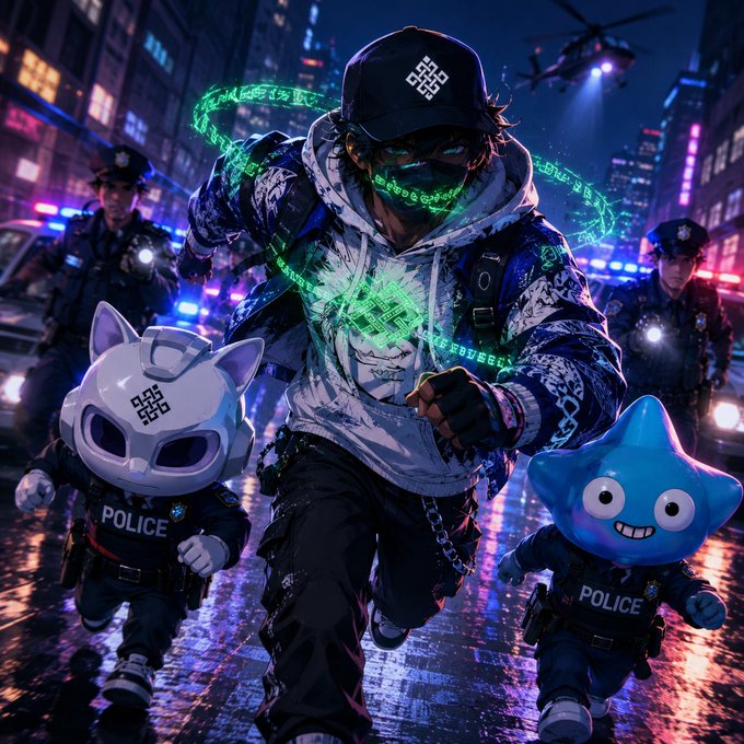 A vibrant anime-style illustration depicting a streetwear-clad figure with glowing green magical effects, surrounded by cartoon police mascots (a cat, a star, and a purple creature) in a neon-lit urban night setting with a helicopter overhead.