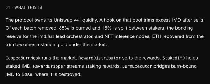 A text document explaining a protocol's Uniswap v4 liquidity system, describing how 85% of removed batches are burned and 15% is split between stakers, the bonding reserve, and NFT inference nodes, with components including CappedBurnHook, RewardDistributor, StakedIMD, RewardDripper, and BurnExecutor.