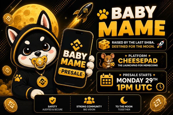 A promotional graphic featuring a cartoon Shiba dog mascot in a hoodie holding a smartphone displays "BABY MAME PRESALE" with a rocket soaring past a full moon. The image also features the "CHEESEPAD" platform logo and highlights that the presale begins Monday 29th at 1PM UTC, matching the accompanying post about the launch details.