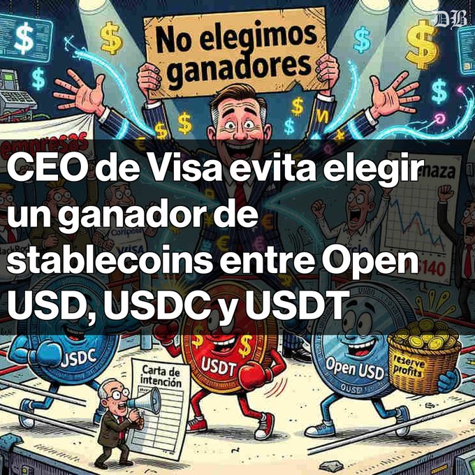 A cartoon-style image with Spanish text reading 'No elegimos ganadores' and 'CEO de Visa evita elegir un ganador de stablecoins entre Open USD, USDC y USDT', depicting anthropomorphic coins USDC, USDT, and Open USD alongside a suited figure.
