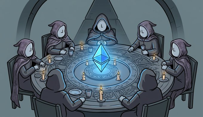Seven hooded figures with clock-like faces gather around an ornate circular table illuminated by candles and a glowing blue crystal, evoking a secretive cabal. The image visually represents the "Cloak Cabal" NFT collection described in the post, where 90 cloaked characters in 6 colors (15 each) are being recruited.