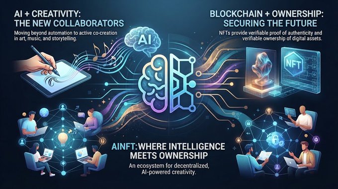 A digital graphic illustrating 'AI + CREATIVITY: THE NEW COLLABORATORS' and 'BLOCKCHAIN + OWNERSHIP', titled 'AINFT: WHERE INTELLIGENCE MEETS OWNERSHIP'.