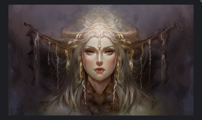 A fantasy digital painting of a regal woman wearing an elaborate golden headdress with chains and jewelry, set against a dark background.