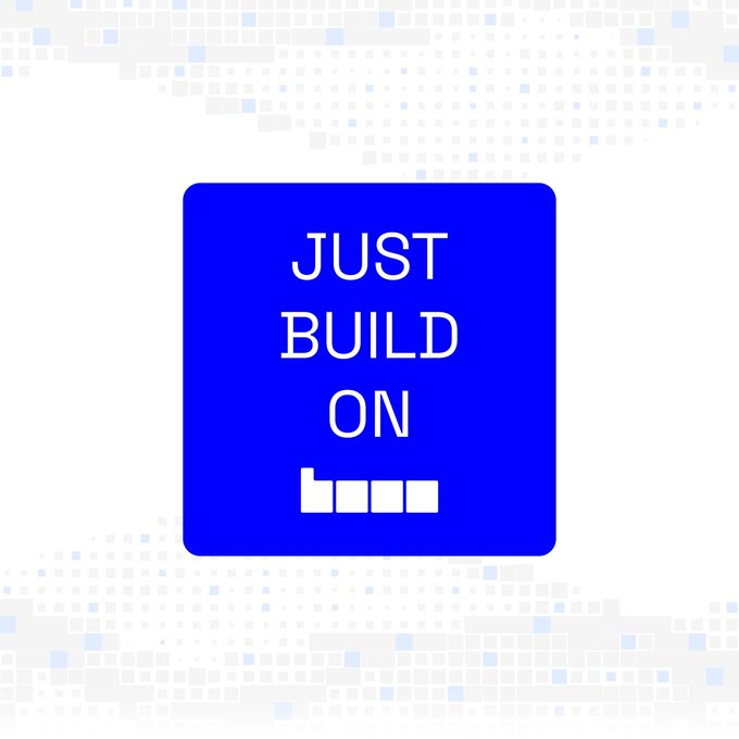 A blue square badge features the white text "JUST BUILD ON" stacked above a stylized logo of four connected squares, set against a light pixelated background. The design directly echoes the accompanying post "Just build on @base," reinforcing the branding of the Base blockchain platform as a foundation for development.