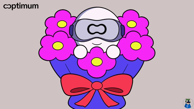 An illustration of a character in a VR headset holding a bouquet of pink flowers with a red bow, featuring the 'optimum' logo in the top-left corner.