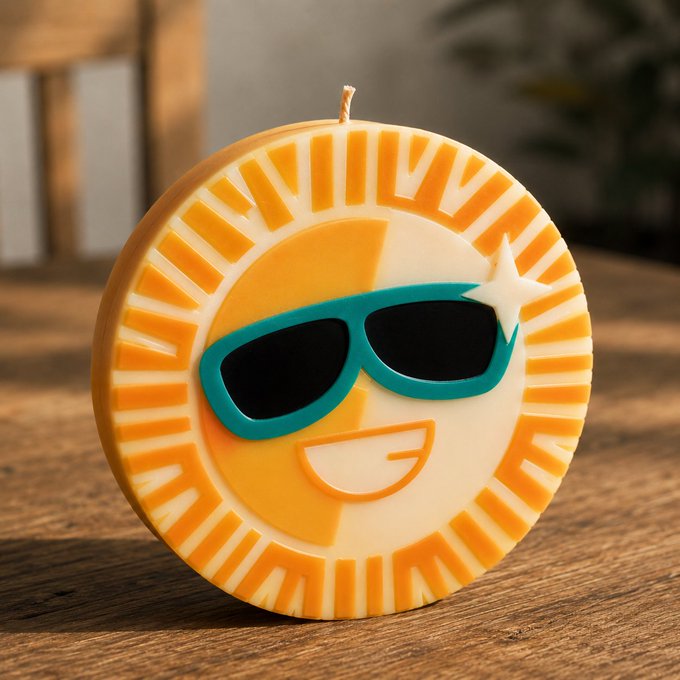 A sun-shaped candle featuring teal sunglasses and a smiling face sits on a wooden surface, with the SUN.io branding highlighted through the post's mention of the crypto platform powering high-performance financial centers and custom AMM designs for capital efficiency.
