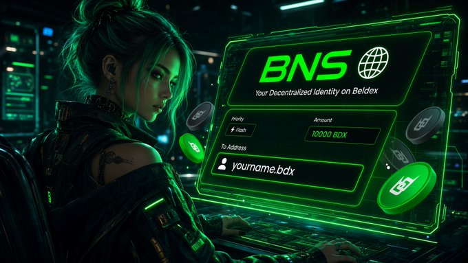 A promotional graphic for "BNS - Your Decentralized Identity on Beldex" showing a character at a holographic interface with a payment screen for "10000 BDX" to "yourname.bdx."