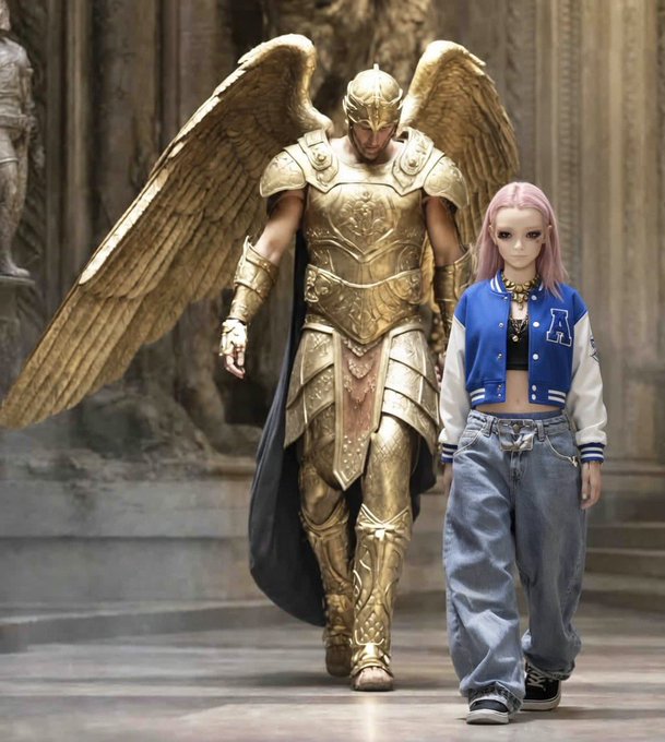 A 3D render showing a young woman with pink hair in a blue varsity jacket and baggy jeans walking alongside a towering figure in ornate golden armor with large feathered wings.