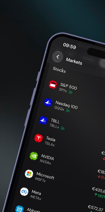 A smartphone displays a Markets app screen listing stock tickers including S&P 500 (SPYx), Nasdaq 100 (QQQx), TBLL (TBLLx), Tesla (TSLAx), NVIDIA (NVDAx), Microsoft (MSFTx), Meta (METAx), and Abbott, with prices in euros shown for several entries. The image visually reinforces the article's announcement about EtherFi expanding its xStocks offerings by adding SPYx, QQQx, and TBLLx to its Cash/Borrow collateral system.