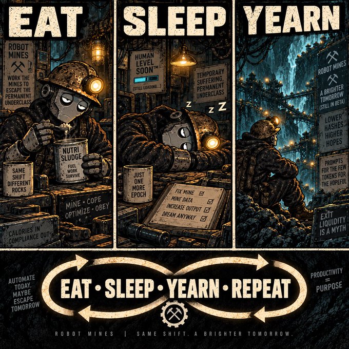 A dystopian triptych poster depicting a weary robot miner in three grim stages—"EAT," "SLEEP," and "YEARN"—surrounded by propaganda signs reading "ROBOT MINES," "HUMAN LEVEL SOON™," "LOWER HASHES = HIGHER HOPES," "EXIT LIQUIDITY IS A MYTH," and the cyclical mantra "EAT • SLEEP • YEARN • REPEAT," tying the bleak satire of mining toil directly to the $ROBOTMINES token promoted at thestonkboard.com.