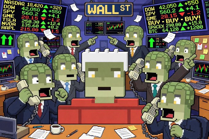 A pixel art illustration of a chaotic Wall Street trading floor with green-skinned figures shouting on phones, featuring stock tickers for NASDAQ, DOW, SPY, GME, TSLA, NVDA, and AAPL.