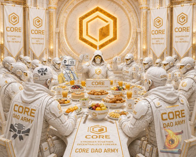 The image features a group of people sitting around a dining table, with Core written across the center of the table. The people are dressed in white suits or armor, suggesting that they might be part of an organization like CoreDAO Army. There is also a banner hanging above them, which reads "Core". The scene appears to depict a gathering for a meal, possibly during a special event or celebration.