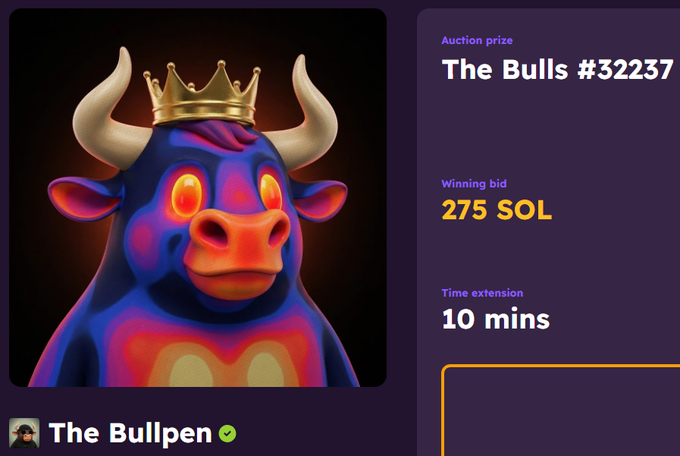 A crypto auction screen for 'The Bulls #32237' with a winning bid of 275 SOL and 10 minute time extension, showing a crowned bull NFT by The Bullpen.