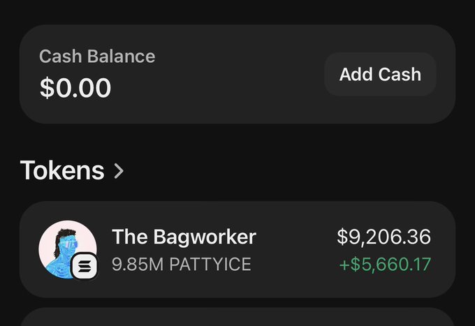 A screenshot of a crypto wallet showing a Cash Balance of $0.00 and a holding of 9.85M PATTYICE tokens valued at $9,206.36, up +$5,660.17. The wallet belongs to "The Bagworker," visually supporting the claim of being a real bagworker worthy of a $pattyice airdrop.