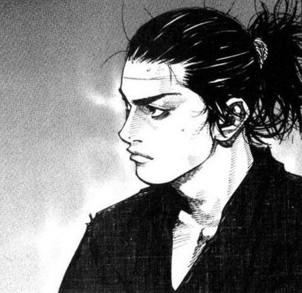 A black and white manga-style illustration showing a side profile of a person with dark hair tied up, a serious expression, and a cigarette in their mouth.