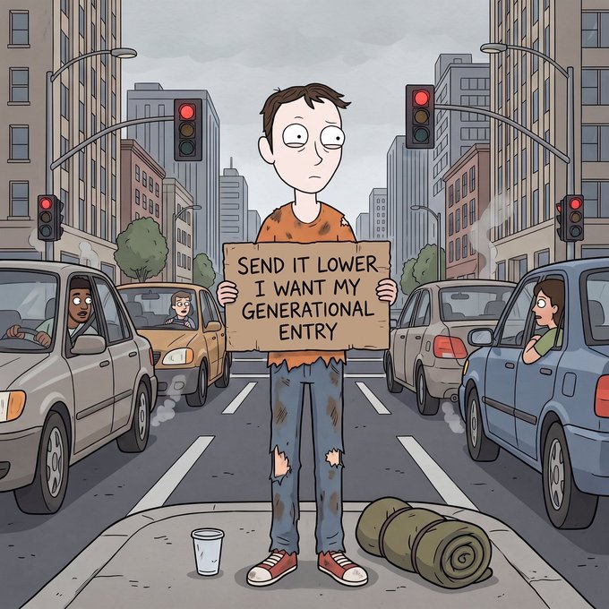 A cartoon illustration of a disheveled person holding a cardboard sign reading 'SEND IT LOWER I WANT MY GENERATIONAL ENTRY' standing on a street median between traffic-filled cars with red traffic lights, a cup, and a bedroll at their feet.