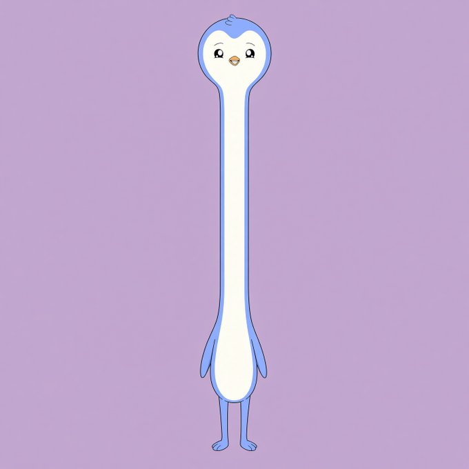 A cartoon-style illustration of an elongated, slender penguin-like character with a blue and white body standing against a solid purple background.