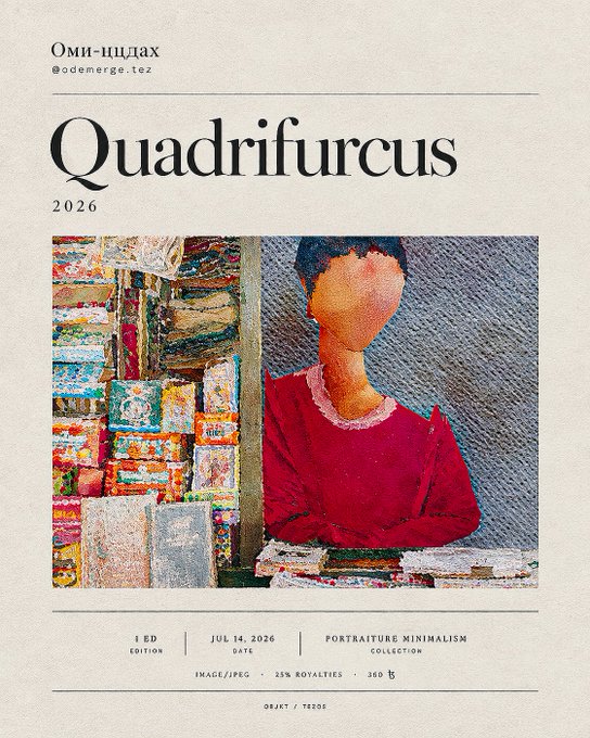 Poster-style image titled 'Quadrifurcus' with text including 'Оми-щидах', '@oemerge.tez', '2026', 'PORTRAITURE MINIMALISM COLLECTION', depicting a painting of a faceless figure in red.