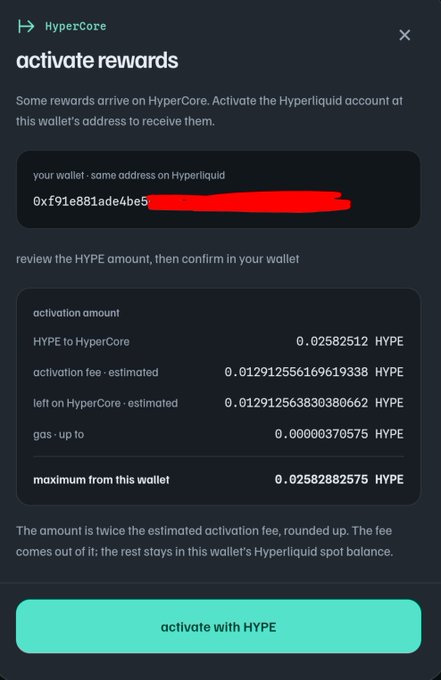 A HyperCore "activate rewards" screen showing a wallet address (0xf91e881ade4be9...) with activation details: 0.02582512 HYPE being moved to HyperCore, an estimated 0.01291 HYPE fee, leaving ~0.01291 HYPE on HyperCore, supporting the post's claim that Signal token creators will soon receive HyperCore reward distributions.