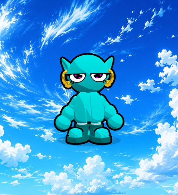A digital illustration of a teal cartoon character with cat ears and gold hoop earrings, wearing a teal outfit, posed against a bright blue sky background.