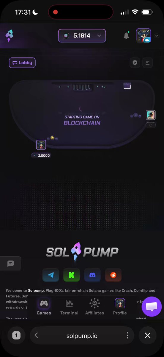 A screenshot of the Solpump.io gaming platform showing a "Starting Game on Blockchain" lobby screen with a balance of 5.1614 SOL and a 2.0000 bet displayed, along with the Solpump logo and navigation options for Games, Terminal, Affiliates, and Profile—aligning with the promotional post inviting viewers to play crypto games on the site.