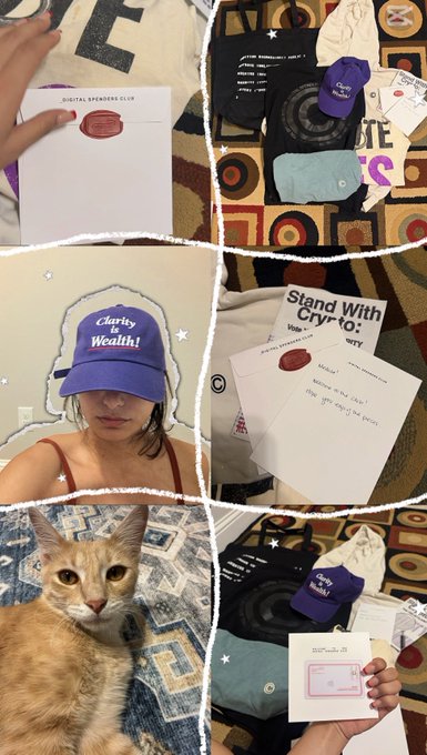 A collage shows a person receiving a 'Clarity over Wealth!' purple cap, handwritten notes, a cat, and other merchandise from a digital speakers club.