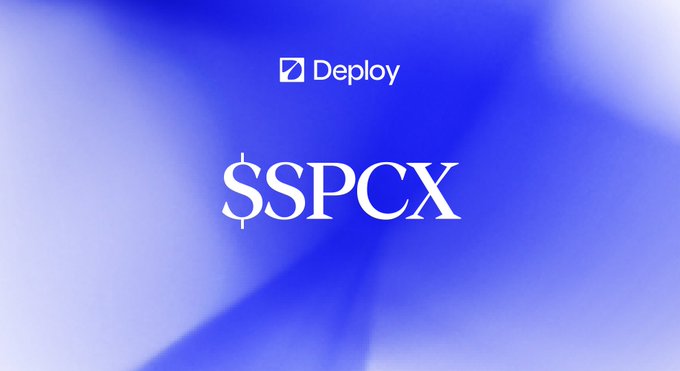 A graphic with a blue gradient background displays the 'Deploy' logo at the top and the ticker symbol '$SPCX' in large white text.