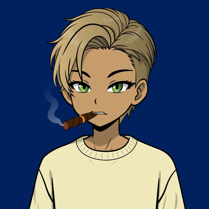 An anime-style character with blond hair, green eyes, and a tan complexion smoking a cigar while wearing a cream-colored sweater against a dark blue background.