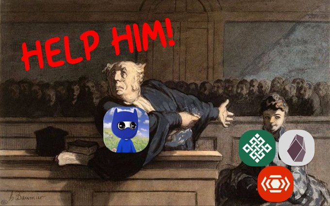 An edited painting of a courtroom scene includes the red text 'HELP HIM!' along with cartoon character and cryptocurrency icons overlaid on the figures.
