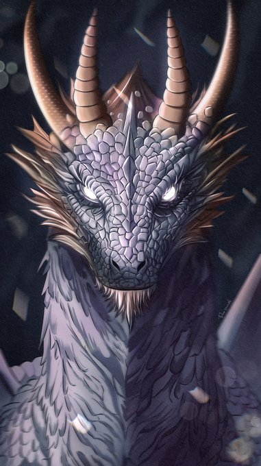 A digital illustration of a dragon with purple scales, large tan horns, and glowing white eyes staring directly at the viewer.