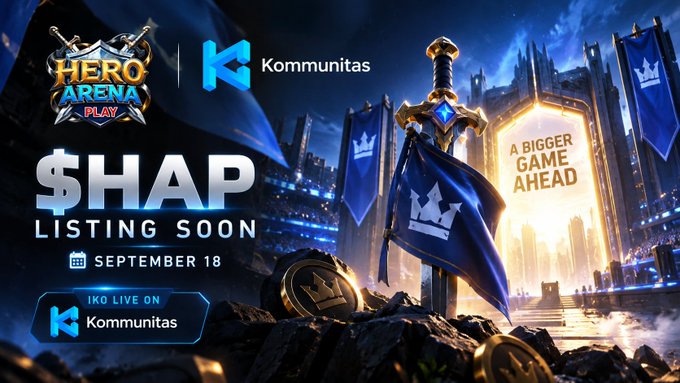 A promotional graphic for 'HERO ARENA PLAY' featuring a large sword and banners, with text announcing '$HAP LISTING SOON SEPTEMBER 18' and 'IKO LIVE ON Kommunitas'.