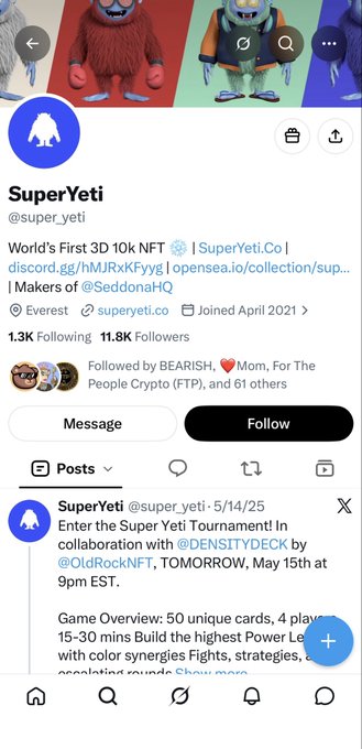 A Twitter/X profile page for SuperYeti (@super_yeti), described as the world's first 3D 10k NFT project, announcing a Super Yeti Tournament collaboration with DENSITYDECK by OldRockNFT.
