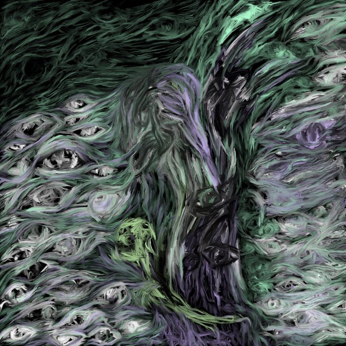 An abstract digital painting featuring swirling patterns of green, purple, and black with hidden eye-like shapes throughout.
