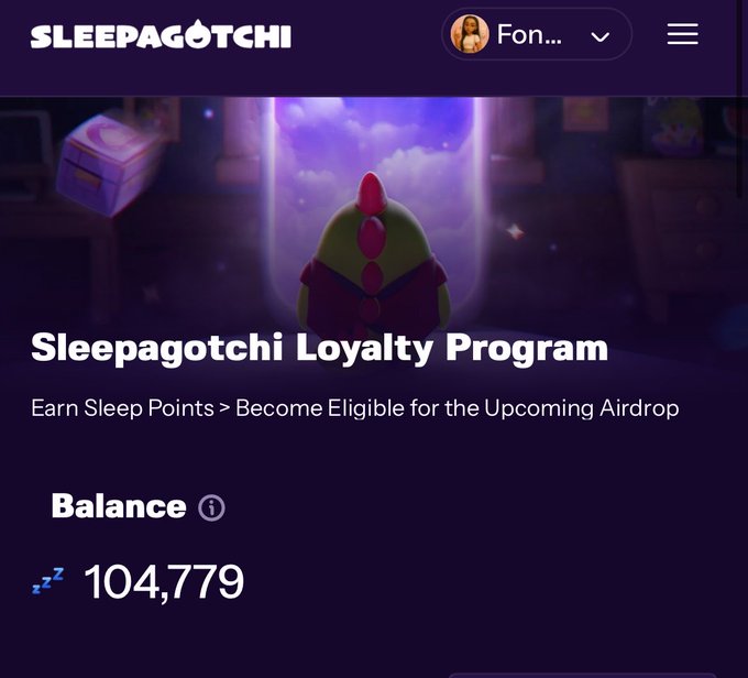 Screenshot of the Sleepagotchi Loyalty Program page showing a character in a dream-like setting with a balance of 104,779 Sleep Points, and text reading 'Earn Sleep Points > Become Eligible for the Upcoming Airdrop'.