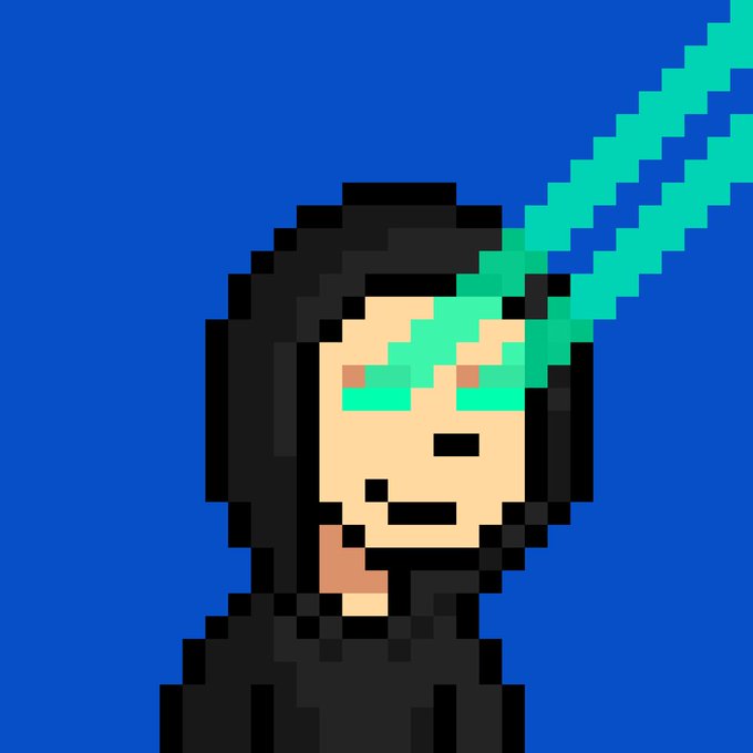 A pixel art portrait of a hooded figure with glowing green visor eyes, set against a solid blue background.