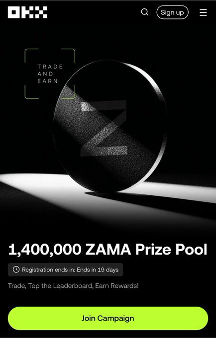 OKX Africa is promoting a "Trade and Earn" campaign featuring a 1,400,000 ZAMA Prize Pool, with registration ending in 19 days, encouraging traders to compete on a leaderboard for rewards. The post aligns with the image by referencing the @okxafrica Golden Fall Competition and the ongoing ZAMA prize pool tier that users are working to unlock.