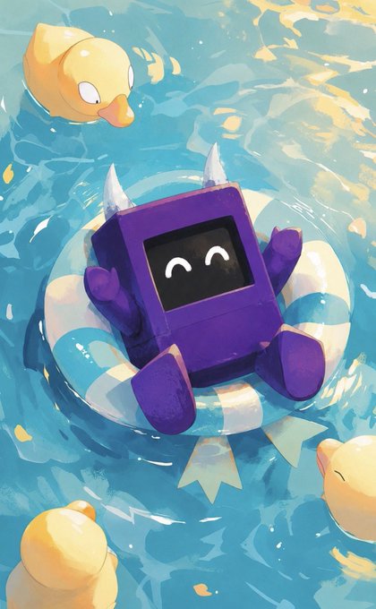 Cute digital illustration of a purple boxy robot character with a smiling face screen and small horns, floating in a blue and white striped inner tube in a swimming pool, accompanied by yellow rubber ducks.