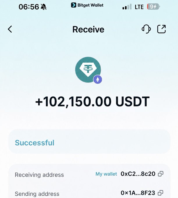 A Bitget Wallet screenshot shows a successful receive of +102,150.00 USDT to the address 0xC2...8c20 from sending address 0x1A...8F23. The image appears to be a promotional screenshot meant to suggest a large crypto deposit as social proof for the GTE Waitlist referral campaign.