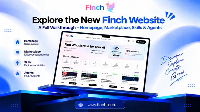 A promotional graphic for Finch titled 'Explore the New Finch Website' with the tagline 'A Full Walkthrough – Homepage, Marketplace, Skills & Agents' and the URL www.finchtech.