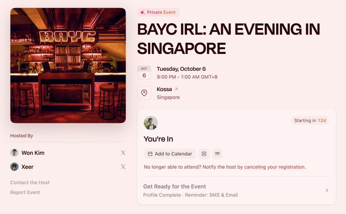 An event page for 'BAYC IRL: AN EVENING IN SINGAPORE' on Tuesday, October 6 at Kossa, hosted by Won Kim and Xeer.