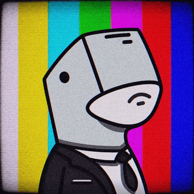 An illustrated character with a box-shaped head wearing a suit and tie, displayed against a colorful striped background with a vignette effect.