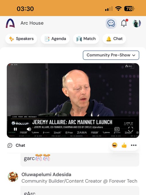 A mobile screenshot of the Arc House app showing a livestream titled 'JEREMY ALLAIRE: ARC MAINNET LAUNCH' featuring the co-founder and CEO of Circle, with a chat message reading 'gArc' from user Oluwapelumi Adesida.