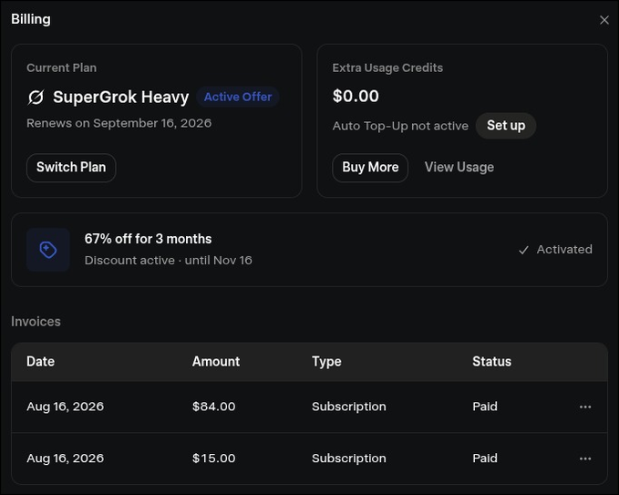 A billing dashboard showing an active SuperGrok Heavy subscription at $84.00 with a 67% off discount for 3 months (until Nov 16), used to verify the $99 promo pricing from the post.