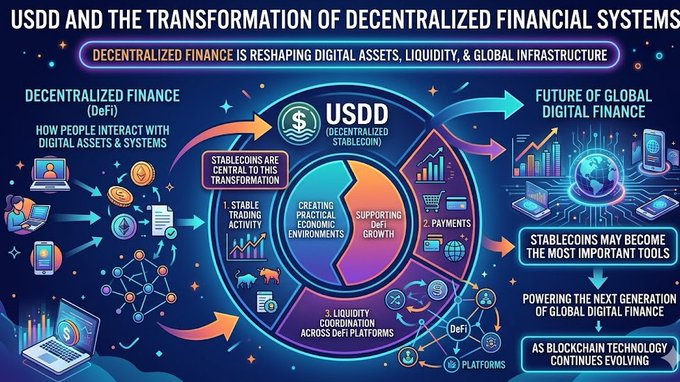 The image displays a flowchart illustrating the transition of the financial system from centralized to decentralized, with focus on stablecoins being a key part of this shift. The diagram highlights that USDD (United States Dollar Digital Currency) can be considered a "decentralized finance solution" for global digital assets and infrastructure management by enabling direct transactions between individuals. This visual representation emphasizes how stablecoins are central in the transformation of financial systems, as they provide a practical solution to facilitate peer-to-peer transactions without relying on centralized authorities or intermediaries, such as banks.