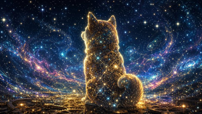 A shimmering, galaxy-embodied dog sits facing away against a swirling cosmic backdrop of stars and nebulae, its form illuminated with golden circuitry patterns. The celestial canine directly evokes the Dogecoin (DOGE) mascot, rendered here as a majestic, universe-forged embodiment of the cryptocurrency.
