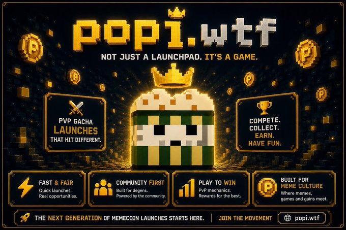 A promotional graphic for pop1.wtf featuring a pixel art helmet with a crown, describing it as 'NOT JUST A LAUNCHPAD. IT'S A GAME.'